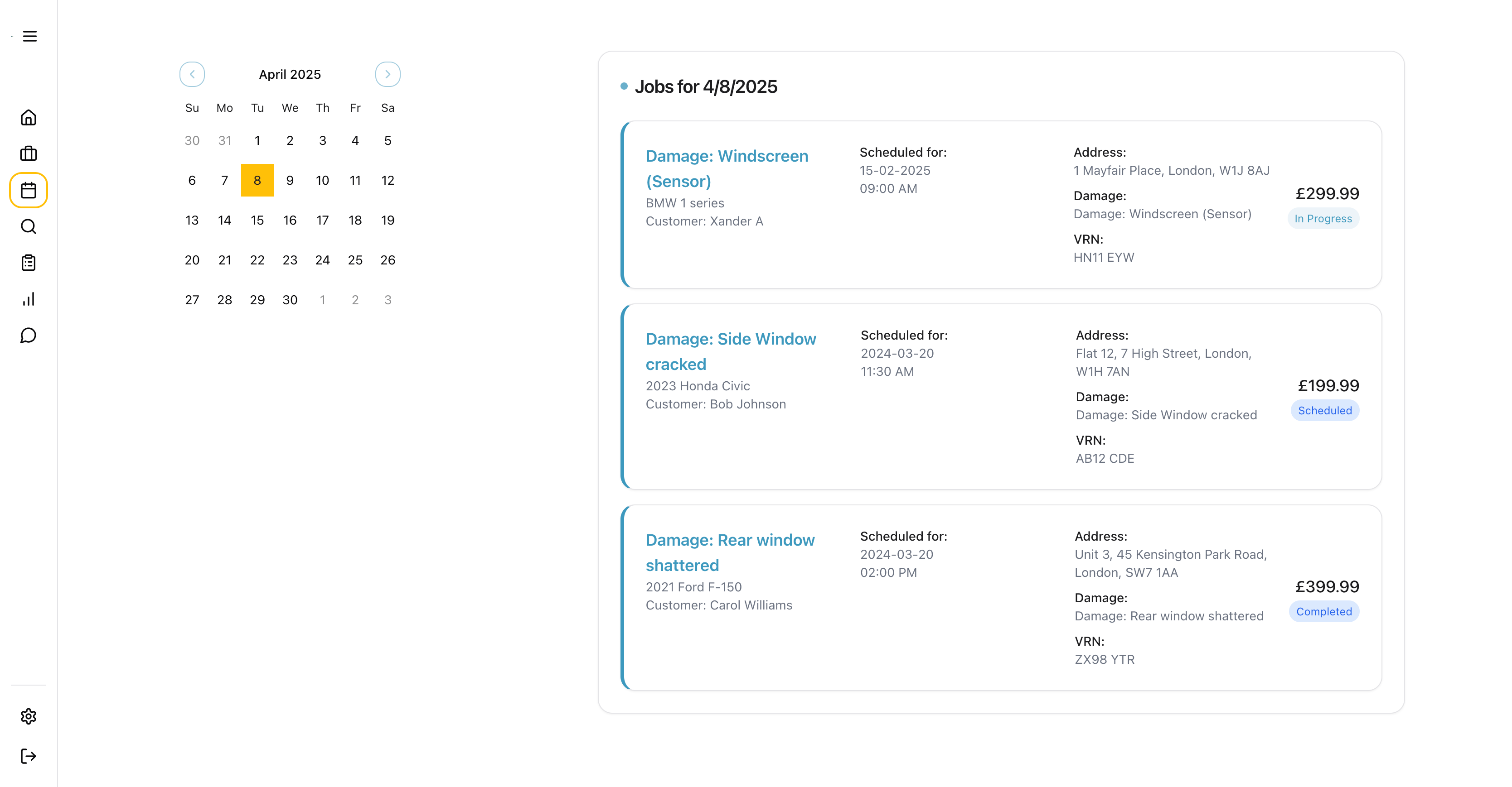 Calendar view showing scheduled jobs and appointments for technicians